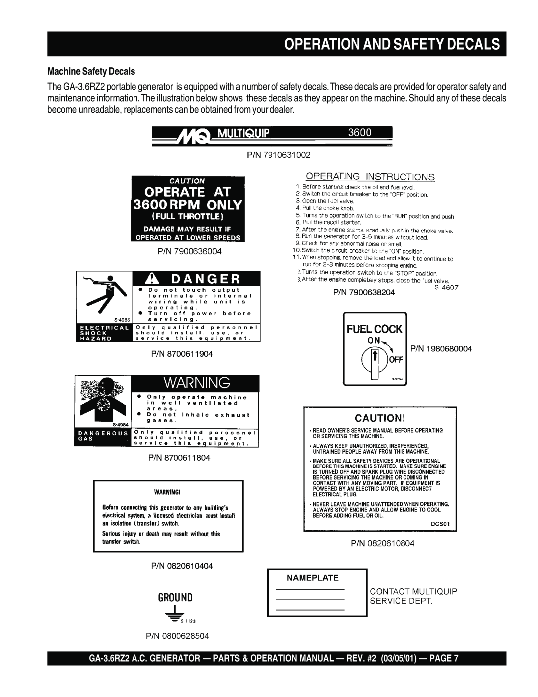 Multiquip GA-3.6RZ2 operation manual Operation And Safety Decals, Machine Safety Decals 
