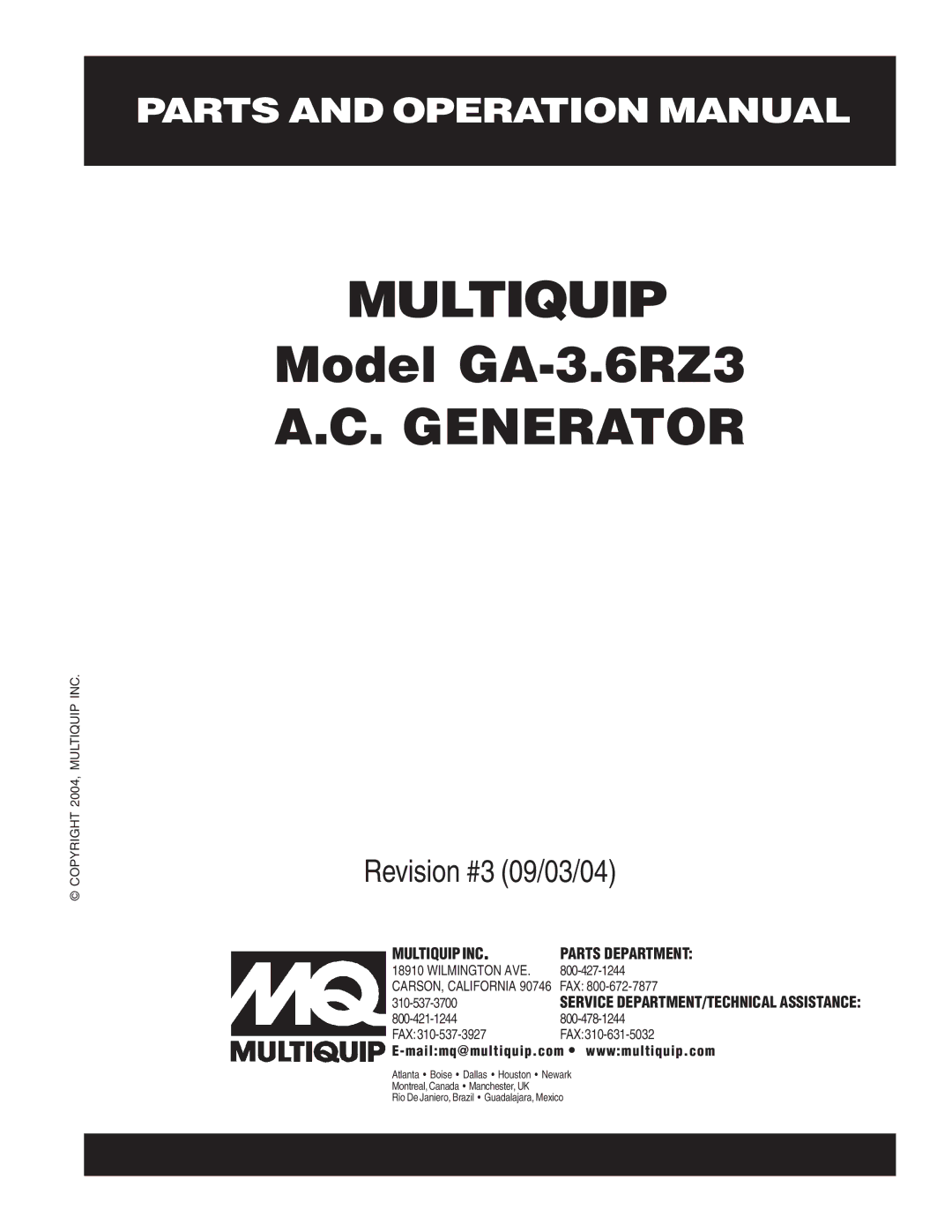 Multiquip GA-3.6RZ3 operation manual Multiquip 