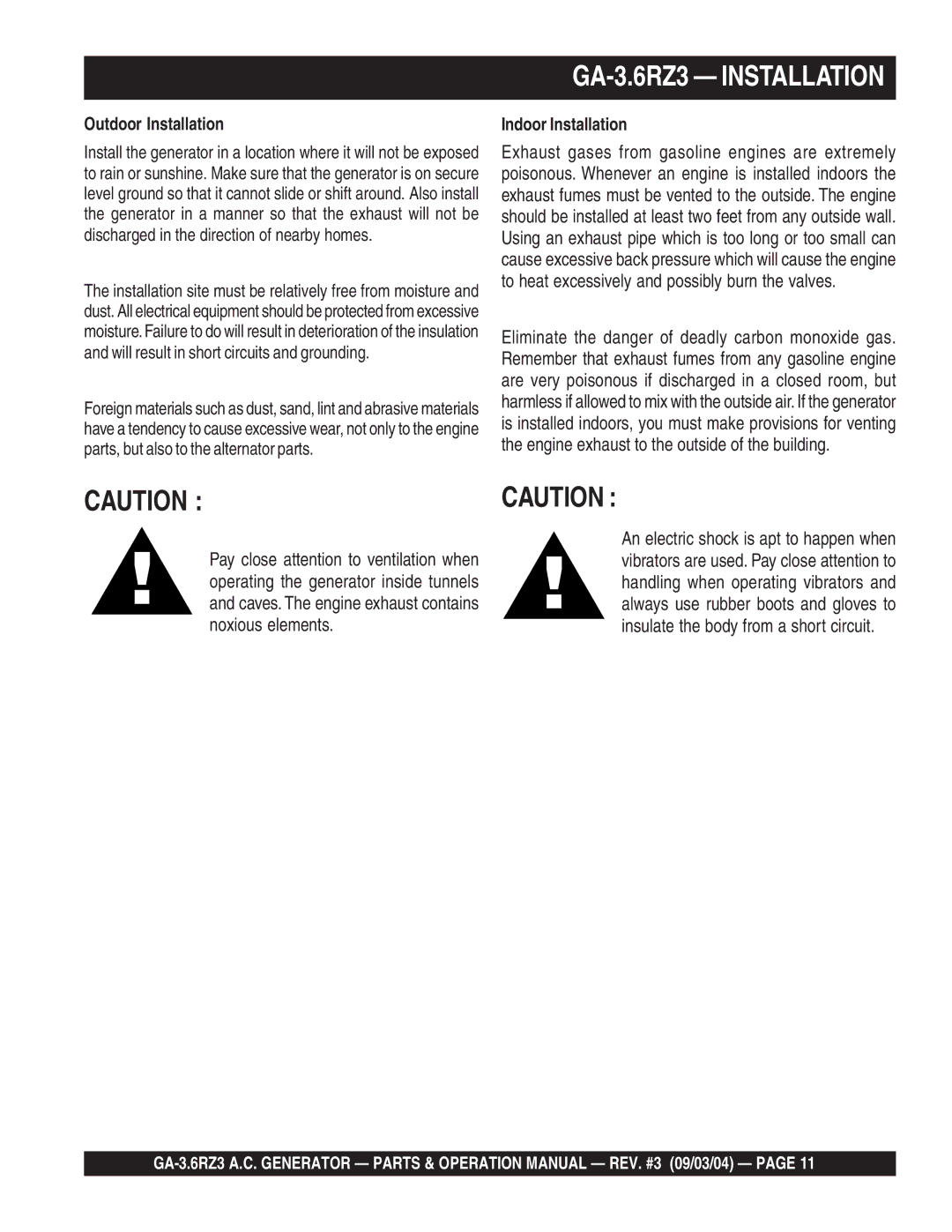 Multiquip operation manual GA-3.6RZ3 Installation, Outdoor Installation, Indoor Installation 