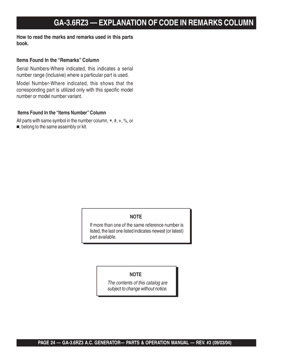 Multiquip operation manual GA-3.6RZ3 Explanation of Code in Remarks Column, Items Found In the Items Number Column 