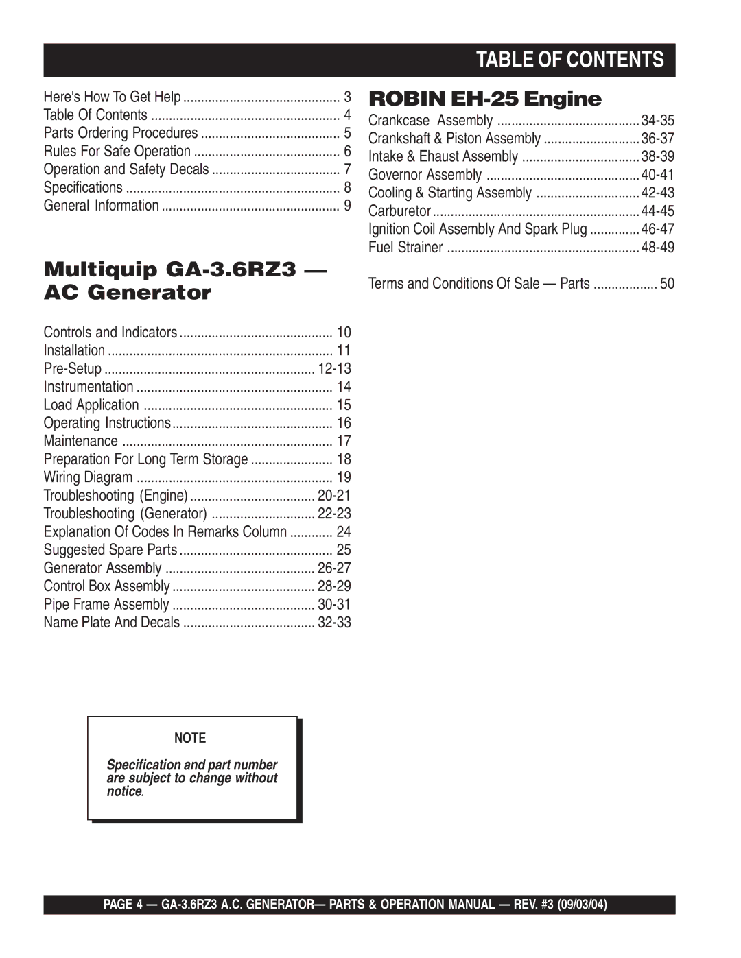 Multiquip GA-3.6RZ3 operation manual Table of Contents 