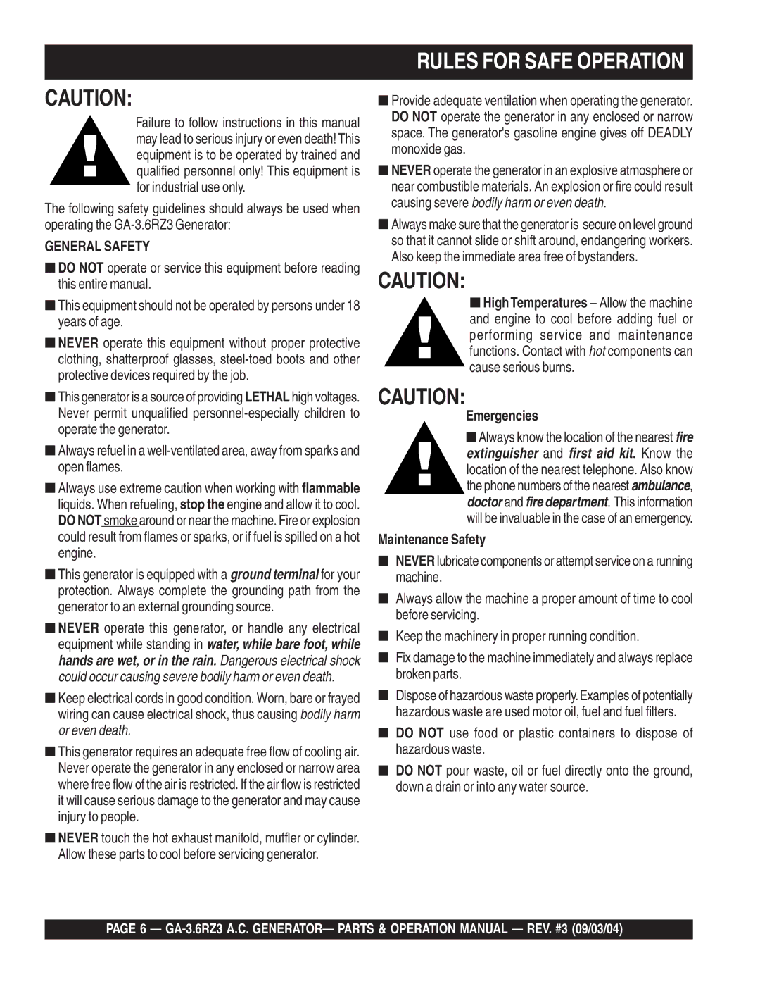 Multiquip GA-3.6RZ3 operation manual Rules for Safe Operation, Emergencies, Maintenance Safety 