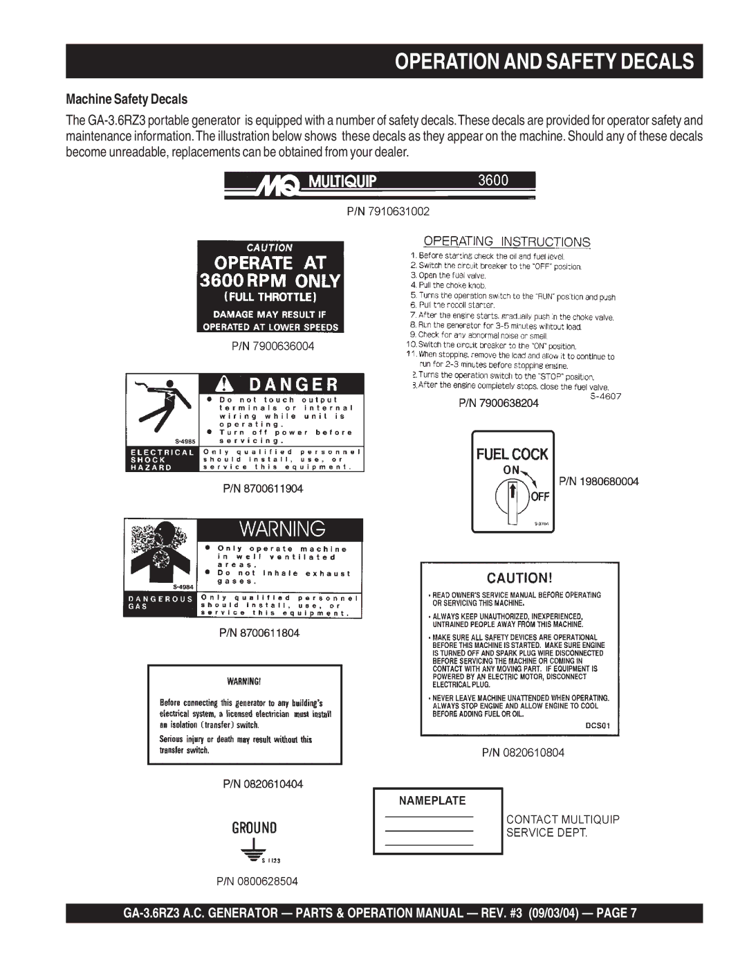 Multiquip GA-3.6RZ3 operation manual Operation and Safety Decals, Machine Safety Decals 