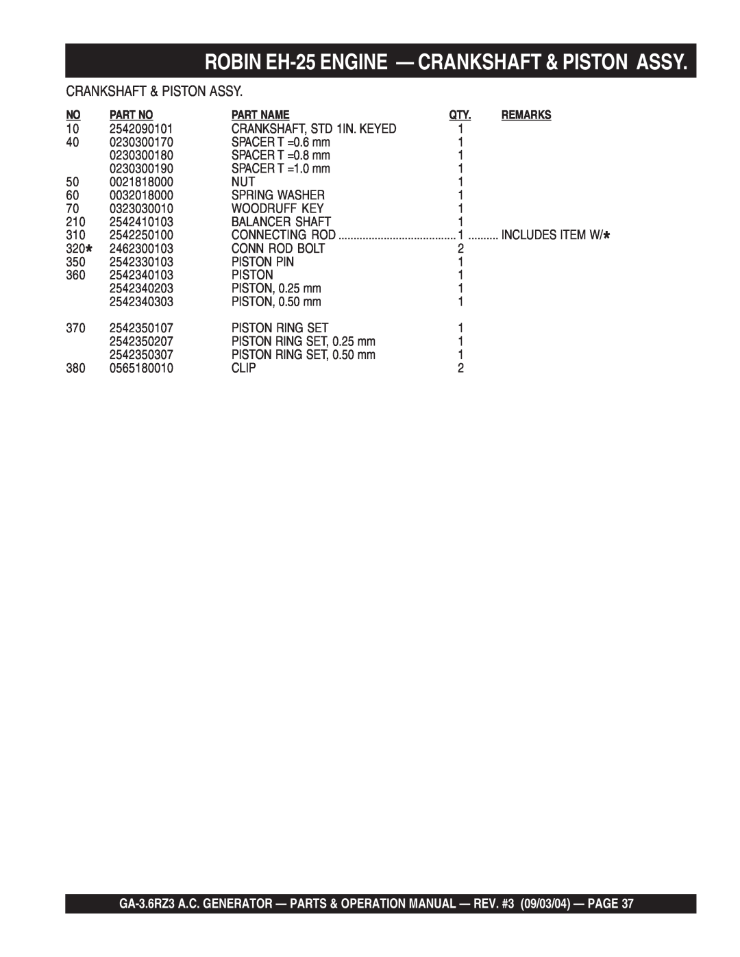 Multiquip GA-3.6RZ3 operation manual ROBIN EH-25ENGINE — CRANKSHAFT & PISTON ASSY, 2542090101 