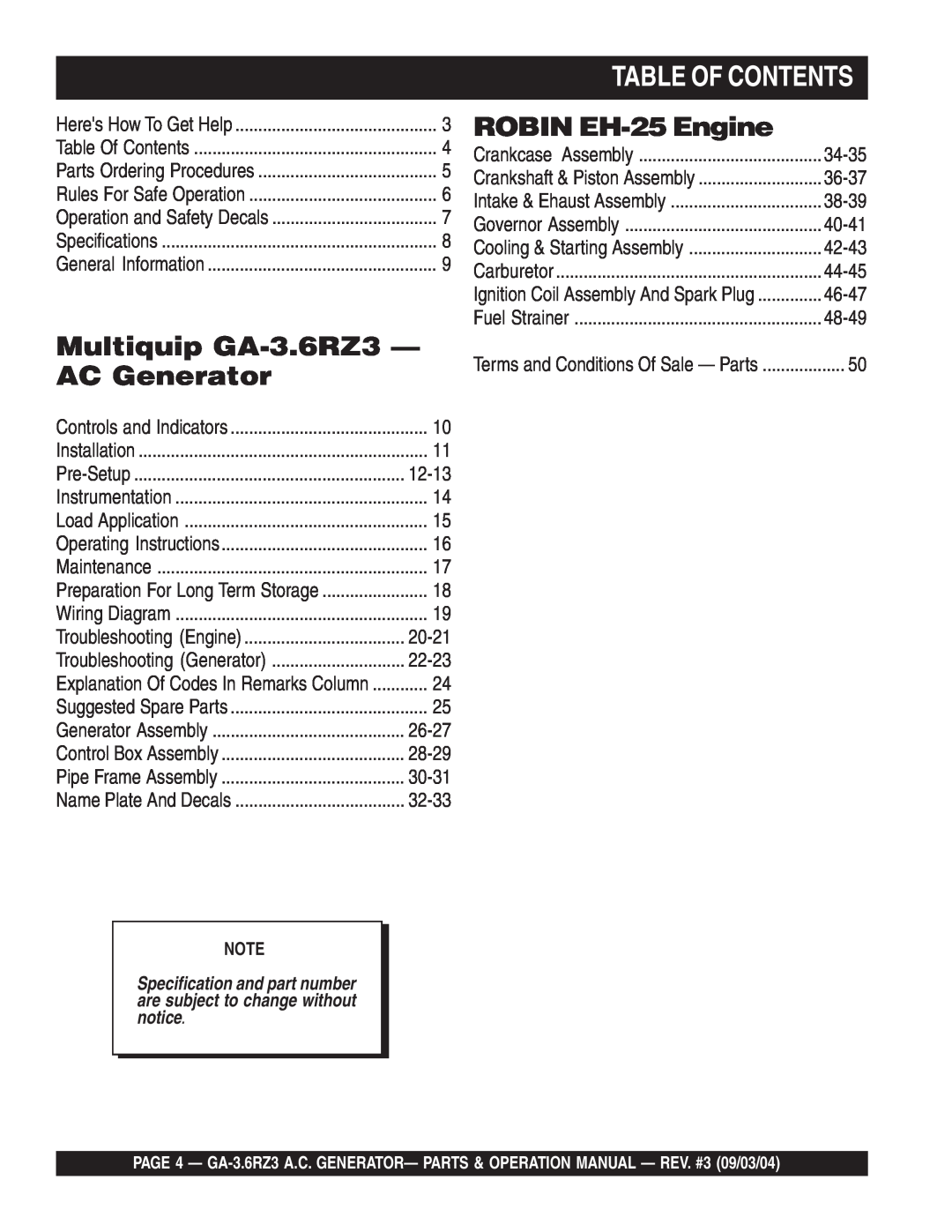 Multiquip operation manual Table Of Contents, Multiquip GA-3.6RZ3— AC Generator, ROBIN EH-25Engine 