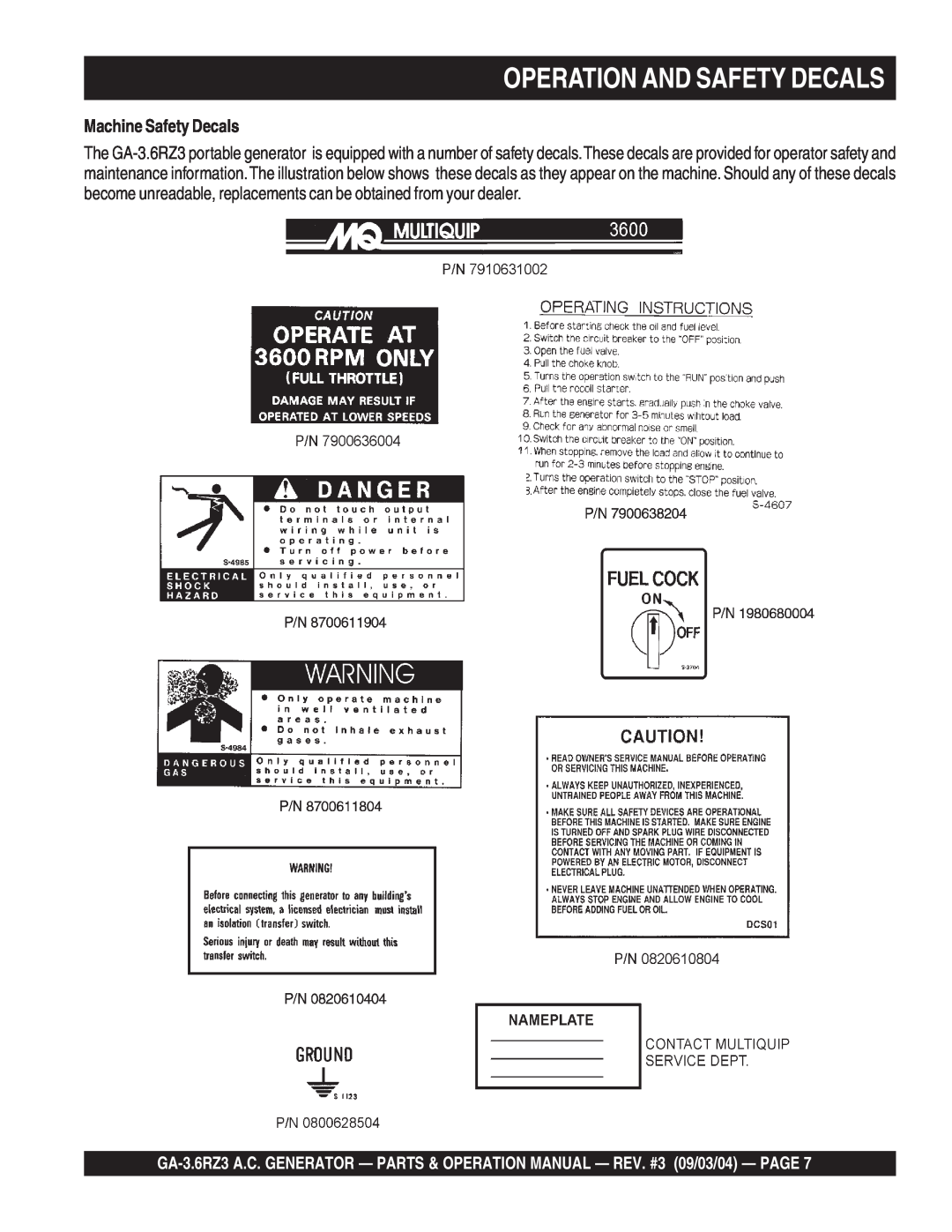 Multiquip GA-3.6RZ3 operation manual Operation And Safety Decals, Machine Safety Decals 