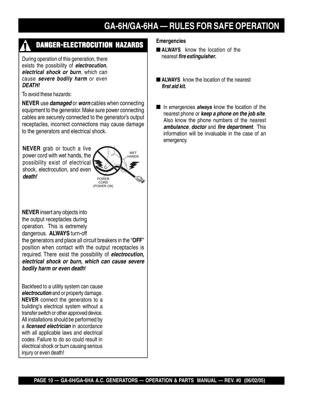 Multiquip GA-6HA, ga-6h manual Death, Emergencies 