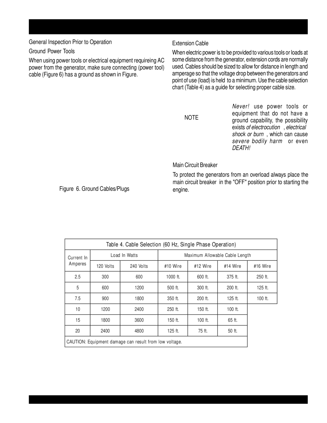 Multiquip ga-6h GA-6H/GA-6HA PRE-INSPECTION, General Inspection Prior to Operation Ground Power Tools, Extension Cable 