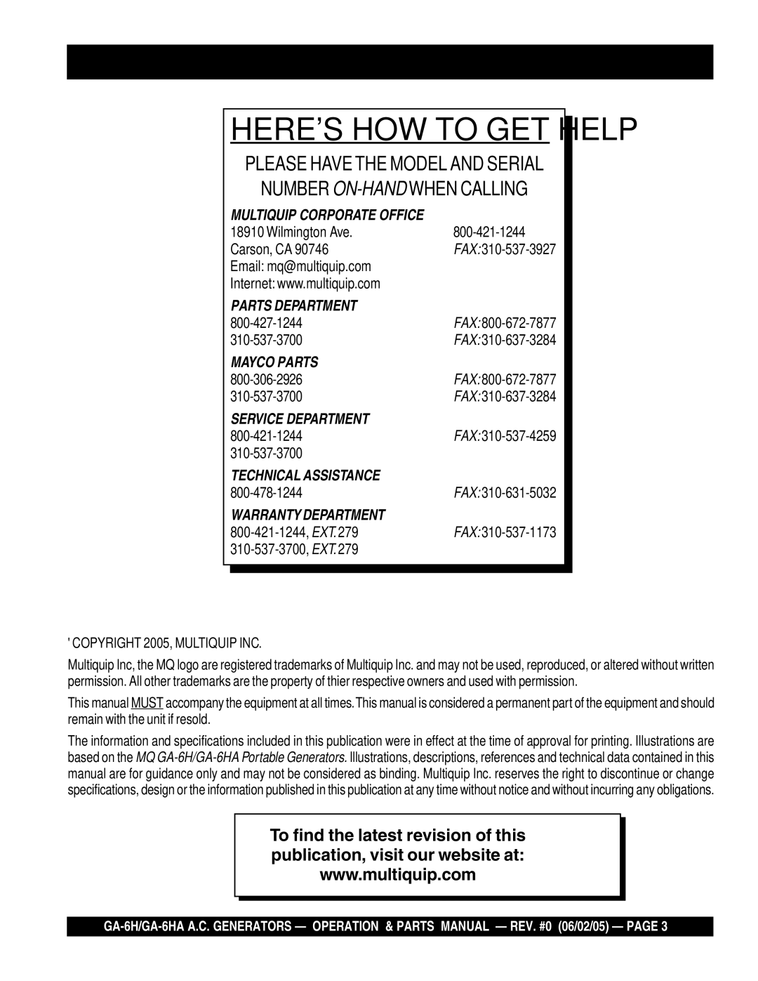 Multiquip ga-6h, GA-6HA manual Heres HOW to GET Help 