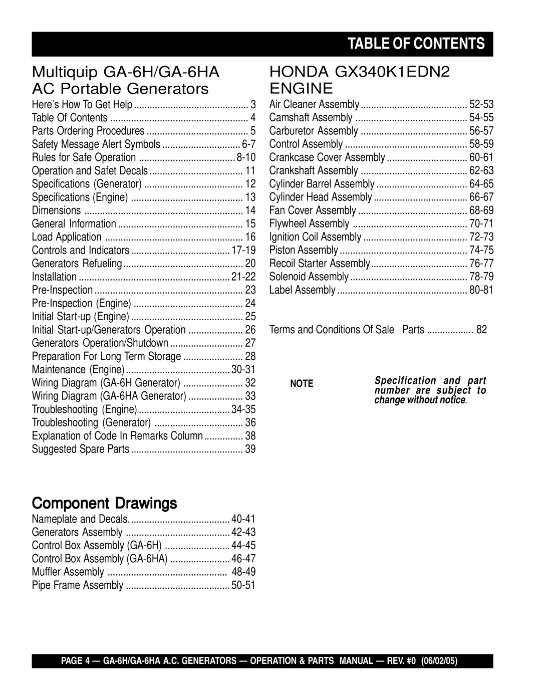 Multiquip GA-6HA, ga-6h manual Table of Contents 