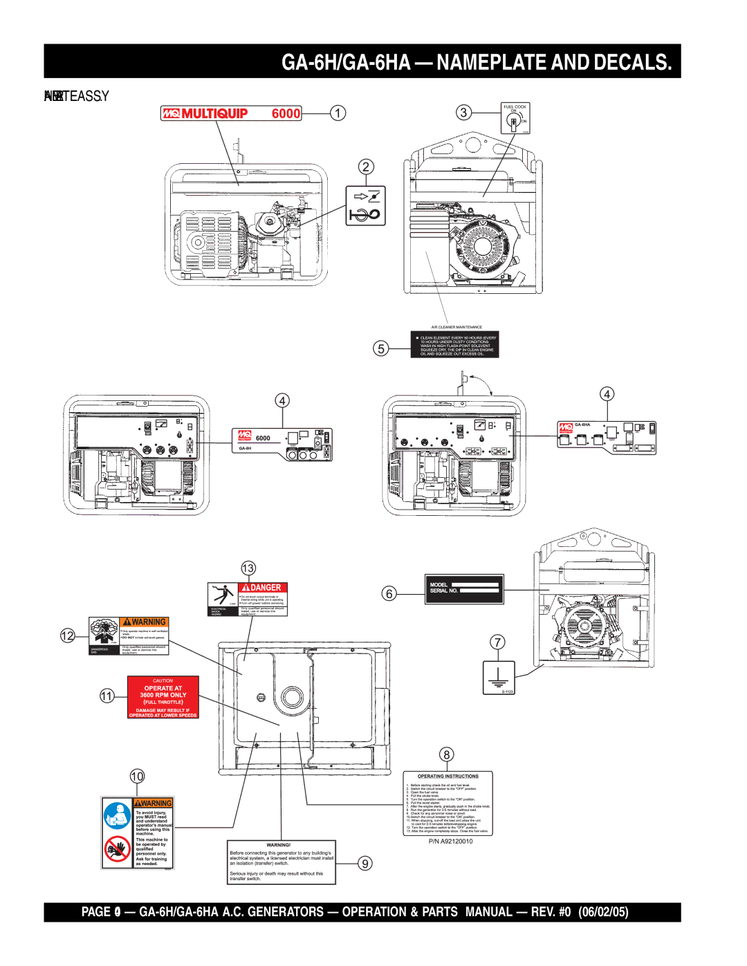 Multiquip ga-6h manual GA-6H/GA-6HA Nameplate and Decals, Name Plate Assy 