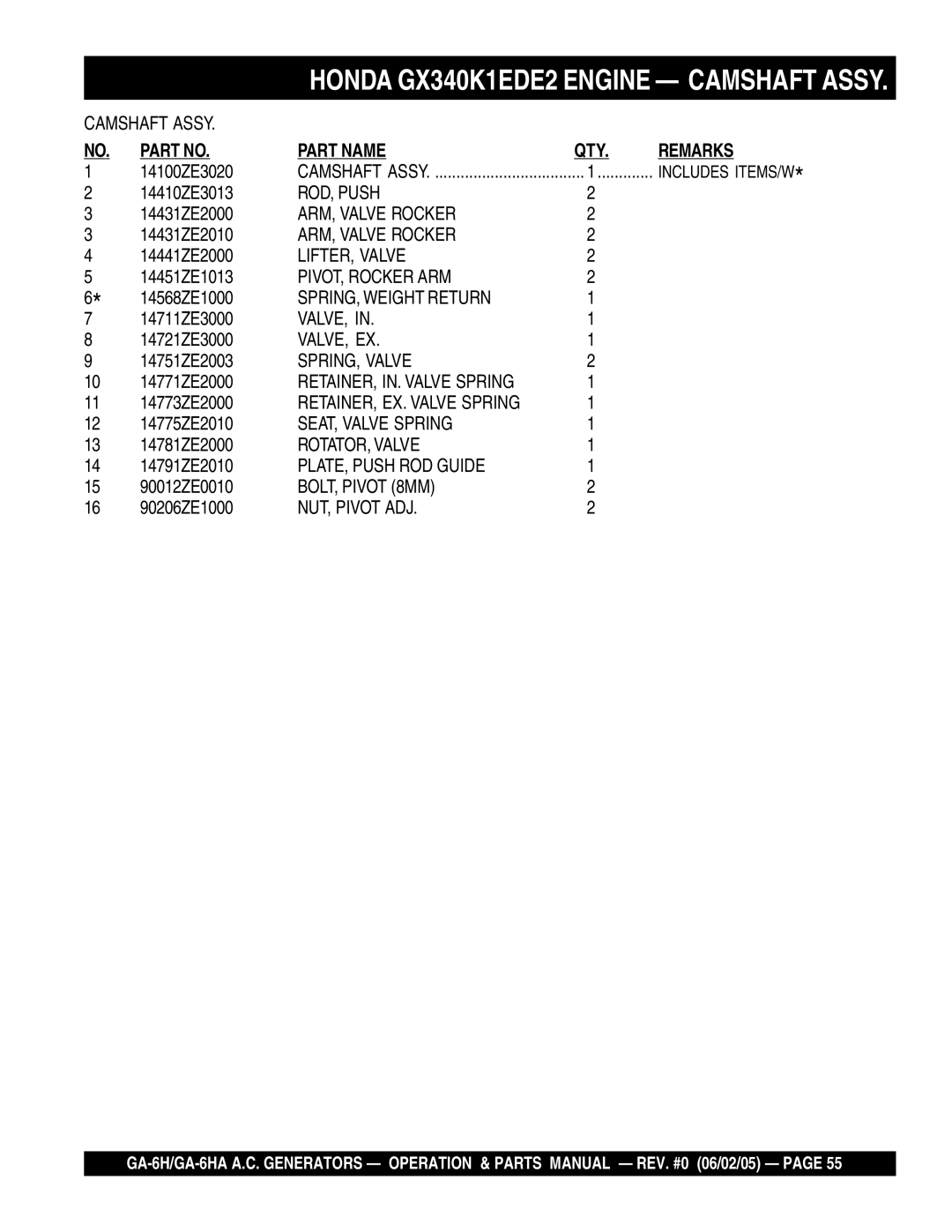 Multiquip ga-6h, GA-6HA ROD, Push, ARM, Valve Rocker, LIFTER, Valve, PIVOT, Rocker ARM, SPRING, Weight Return, Valve, Ex 