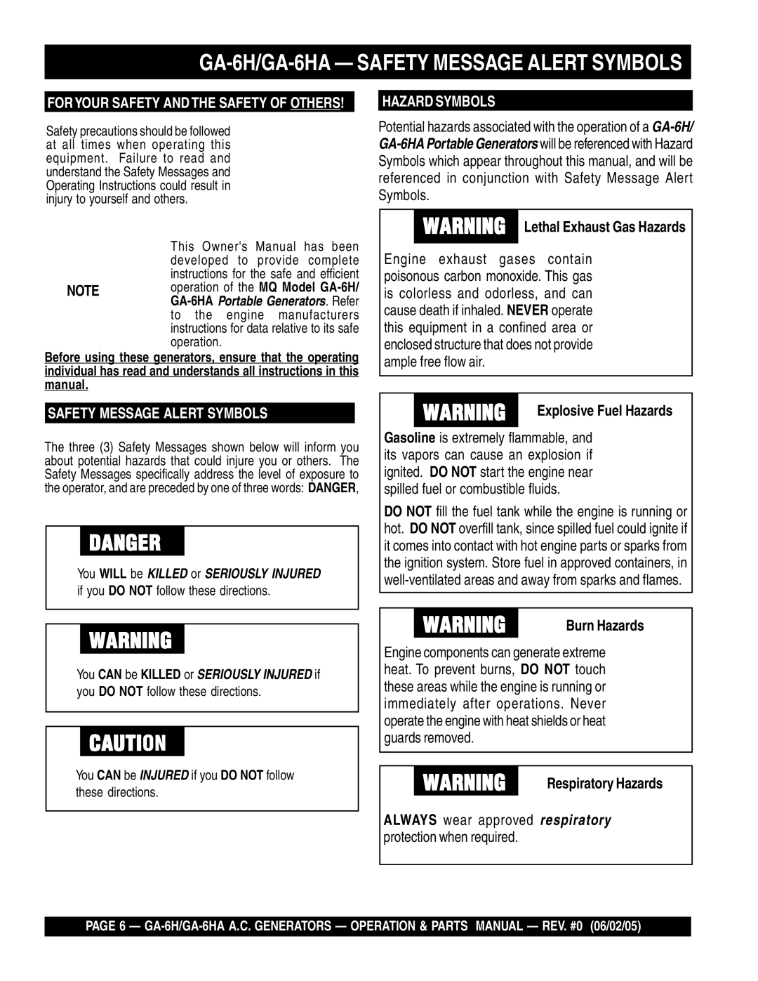 Multiquip ga-6h manual GA-6H/GA-6HA Safety Message Alert Symbols, Burn Hazards, Respiratory Hazards 