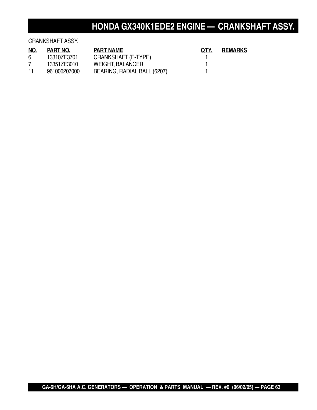 Multiquip ga-6h, GA-6HA manual Crankshaft E-TYPE, WEIGHT, Balancer 