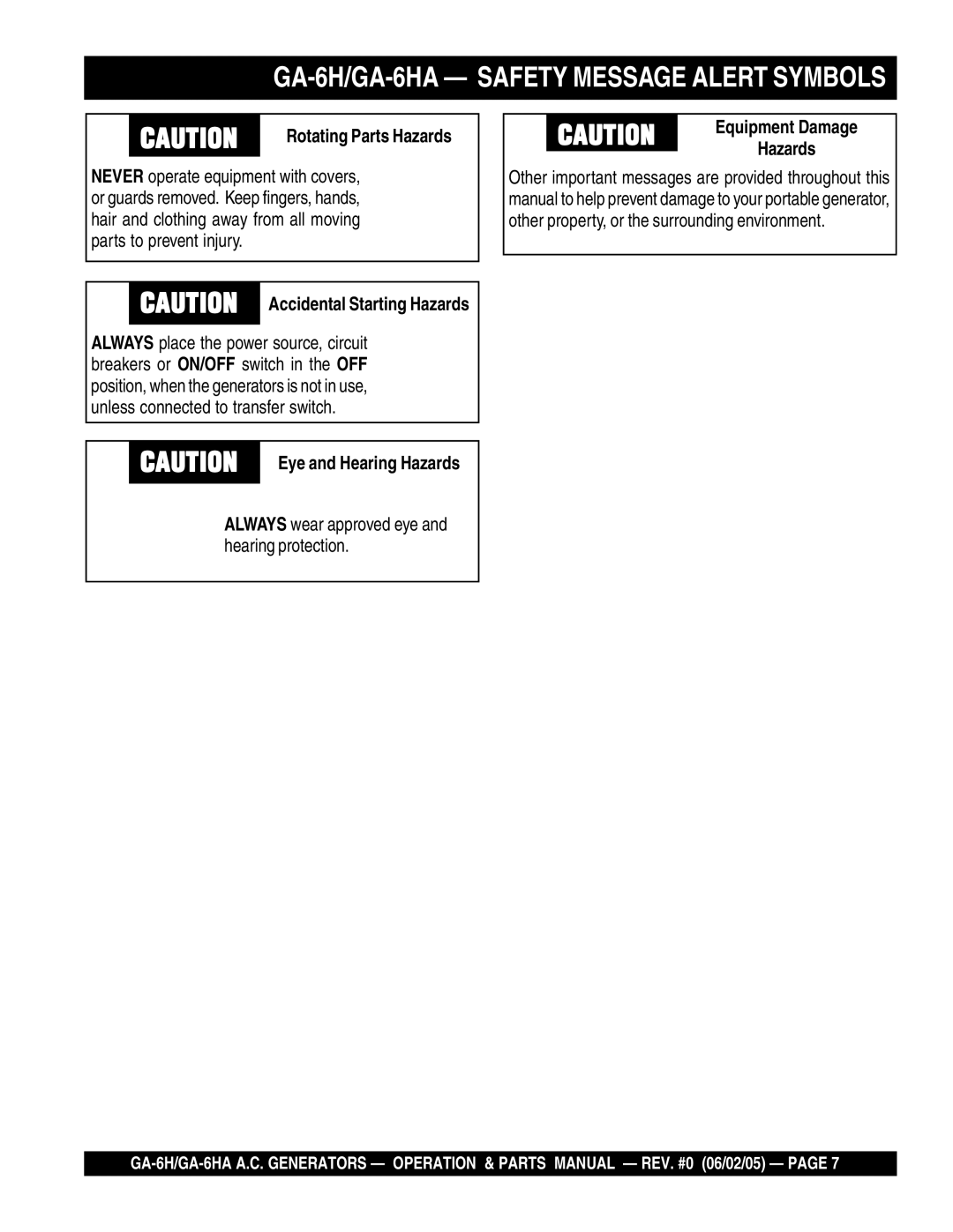 Multiquip ga-6h, GA-6HA manual Equipment Damage, Rotating Parts Hazards 