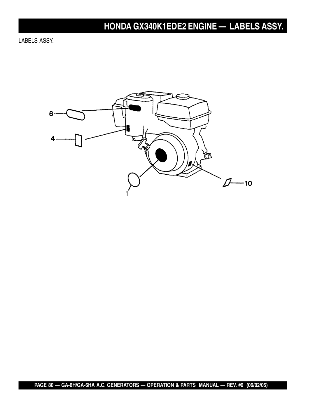 Multiquip GA-6HA, ga-6h manual Honda GX340K1EDE2 Engine Labels Assy 