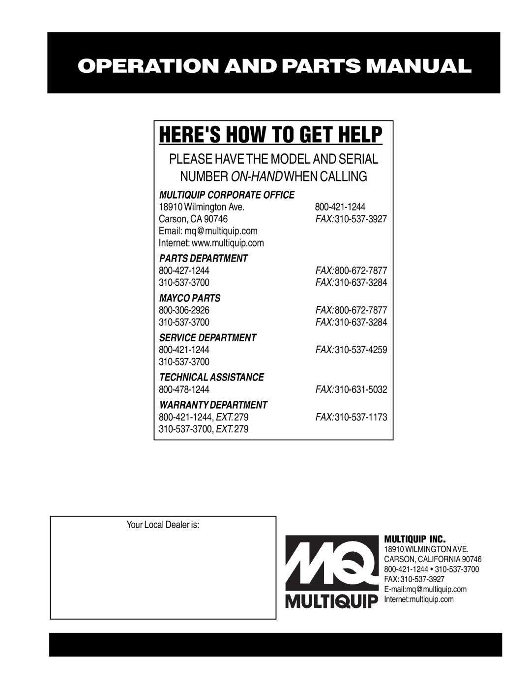 Multiquip GA-6HA, ga-6h manual Your Local Dealer is 