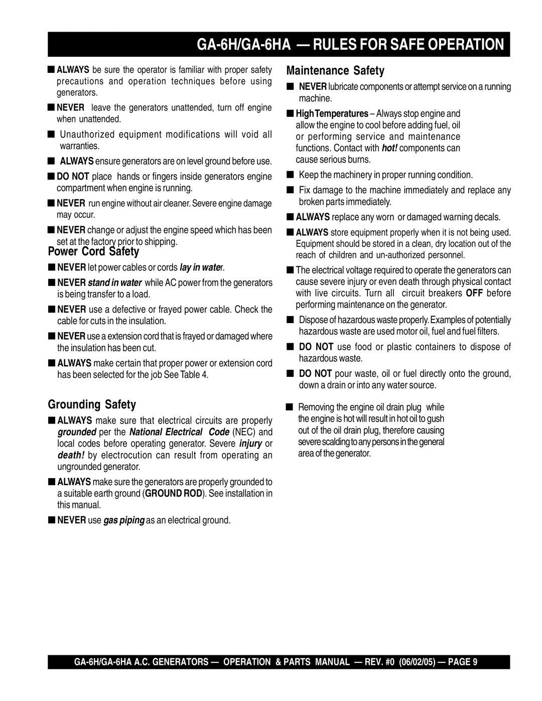 Multiquip ga-6h, GA-6HA manual Power Cord Safety 