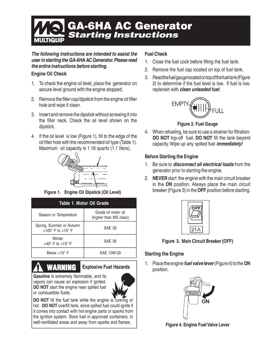 Multiquip GA-6HA manual Engine Oil Check, Fuel Check, Before Starting the Engine 