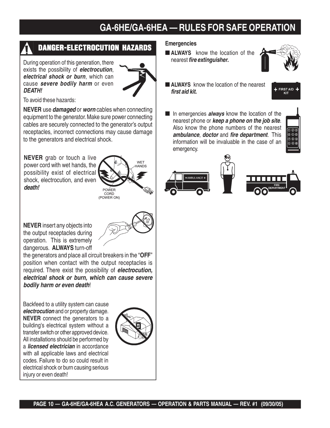 Multiquip GA-6HEA manual Death, Emergencies 