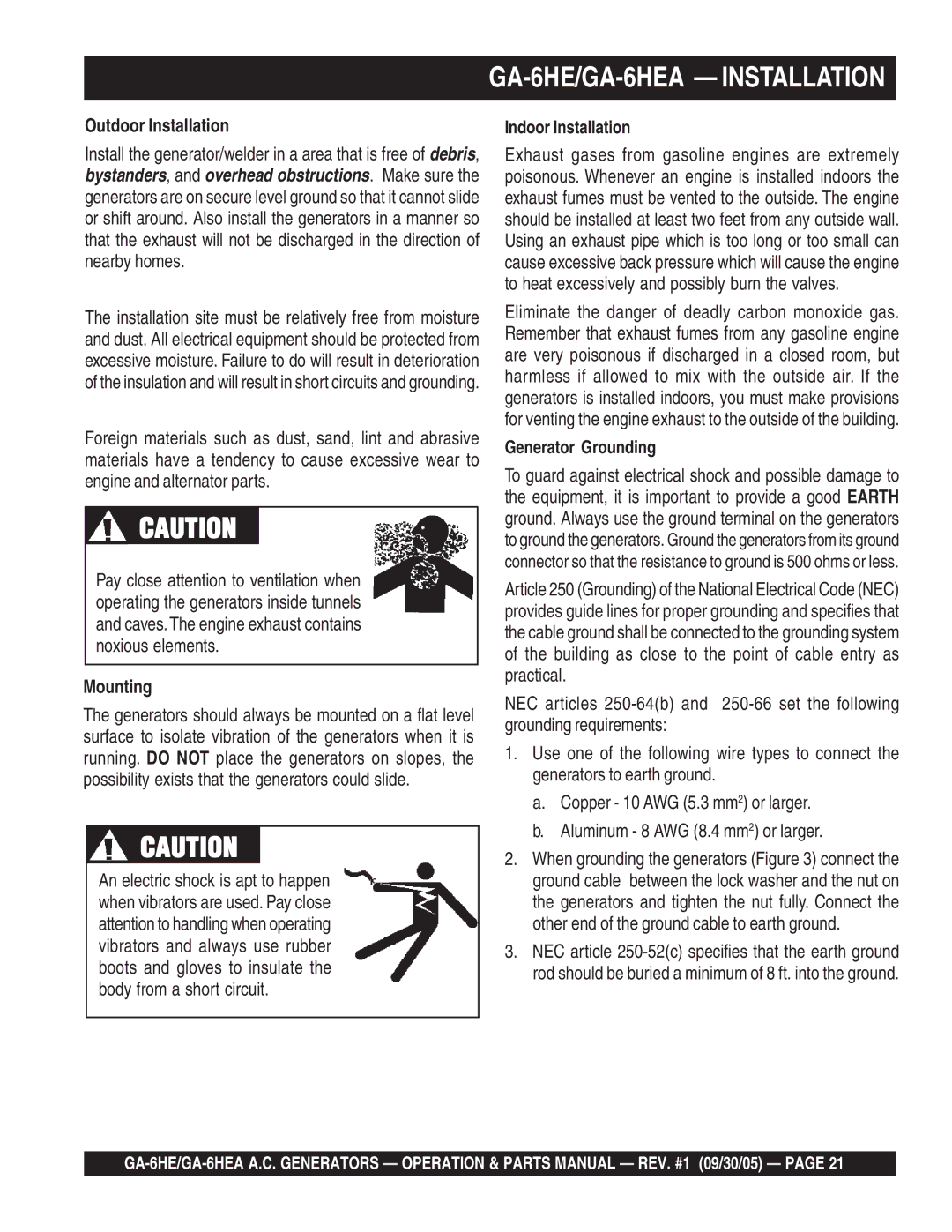 Multiquip manual GA-6HE/GA-6HEA Installation, Outdoor Installation, Mounting, Indoor Installation, Generator Grounding 