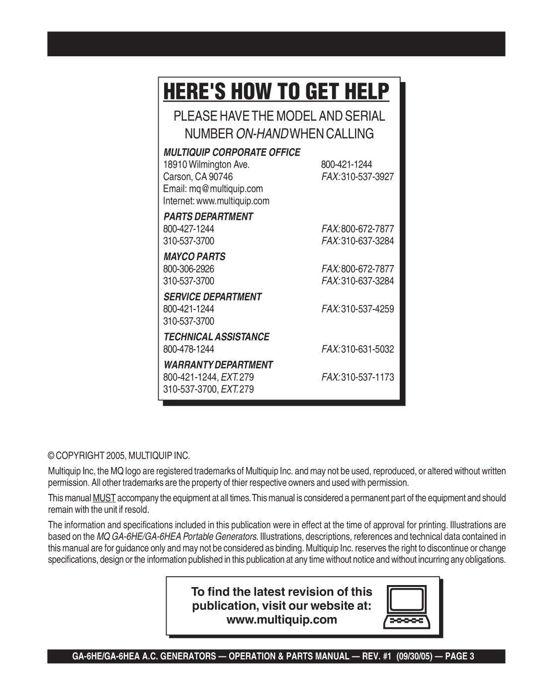 Multiquip GA-6HEA manual Heres HOW to GET Help 