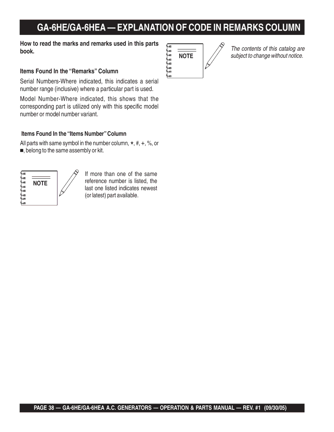 Multiquip GA-6HE/GA-6HEA Explanation of Code in Remarks Column, How to read the marks and remarks used in this parts 