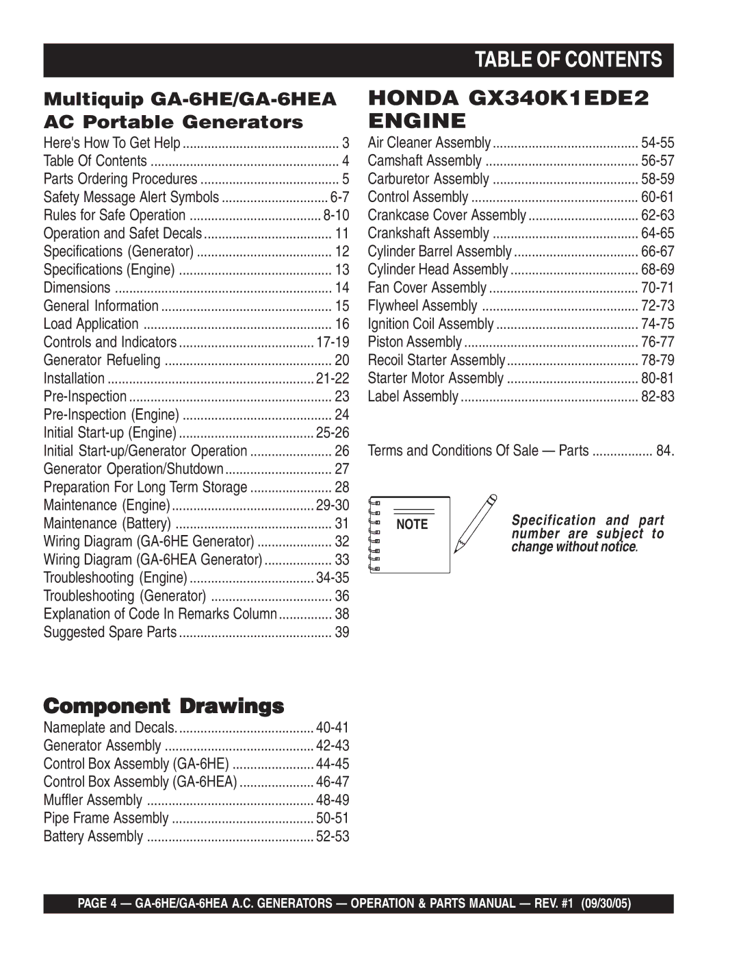 Multiquip GA-6HEA manual Table of Contents 