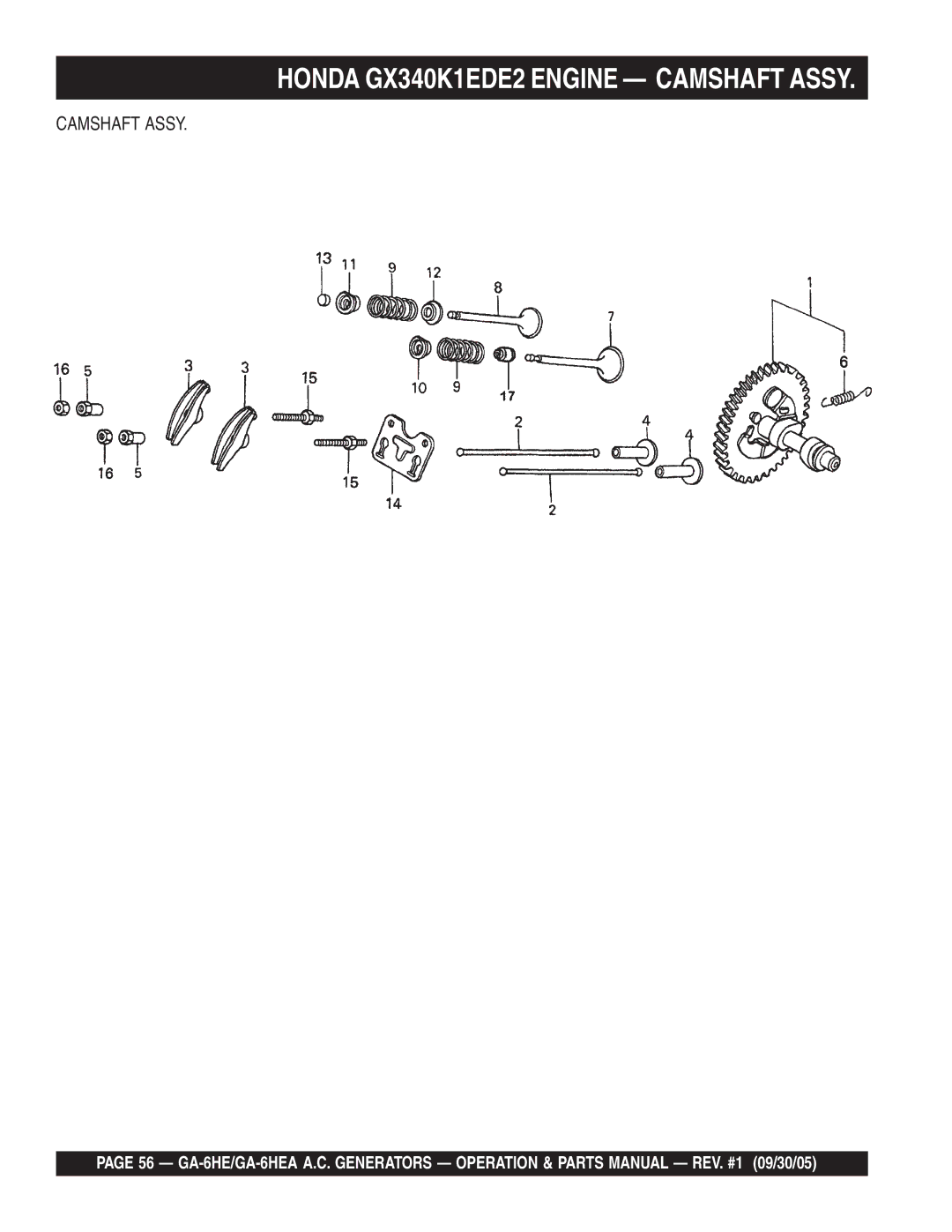 Multiquip GA-6HEA manual Honda GX340K1EDE2 Engine Camshaft Assy 