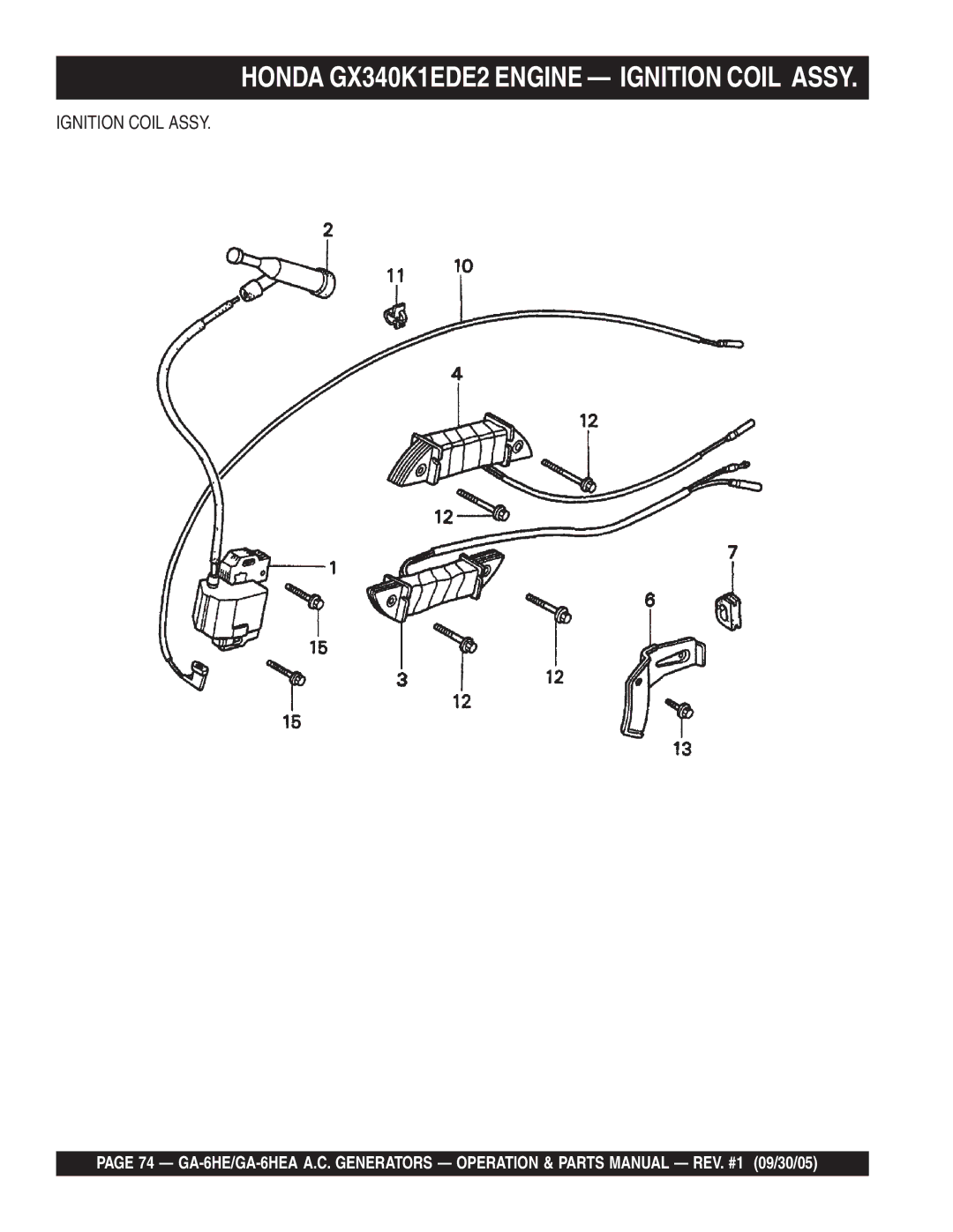 Multiquip GA-6HEA manual Honda GX340K1EDE2 Engine Ignition Coil Assy 