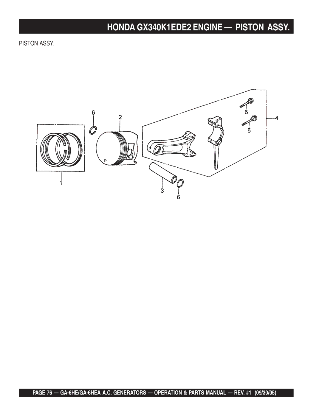 Multiquip GA-6HEA manual Honda GX340K1EDE2 Engine Piston Assy 