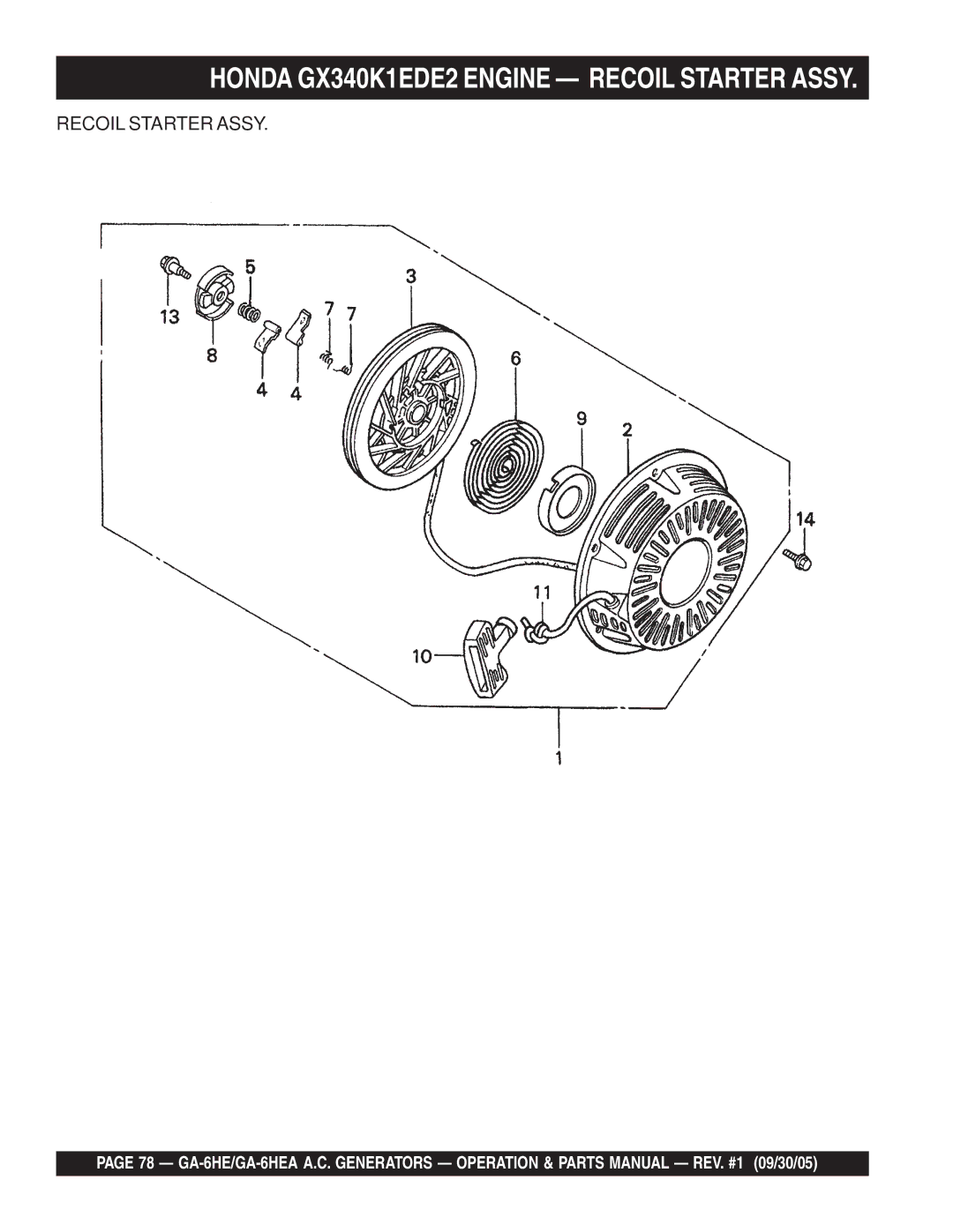 Multiquip GA-6HEA manual Honda GX340K1EDE2 Engine Recoil Starter Assy 