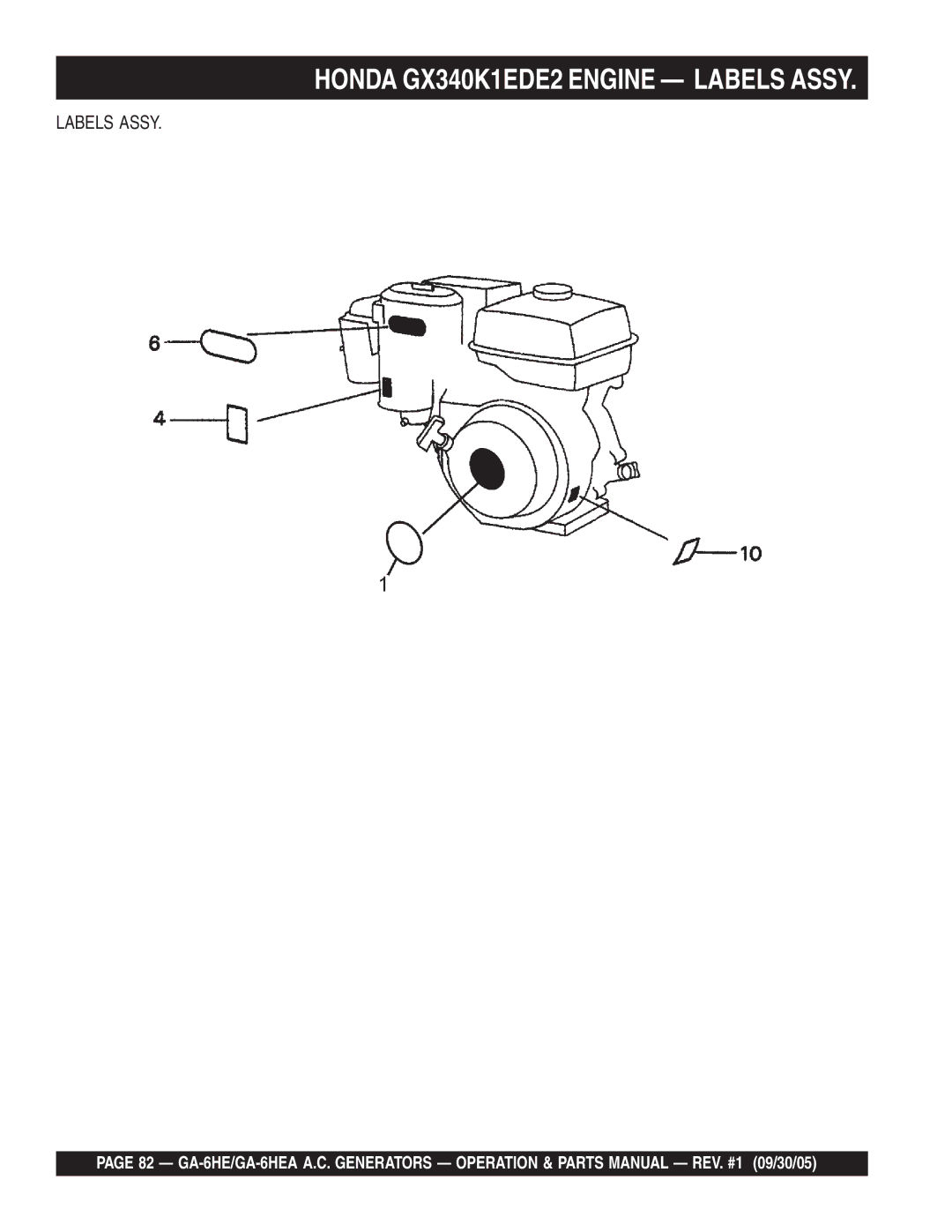 Multiquip GA-6HEA manual Honda GX340K1EDE2 Engine Labels Assy 