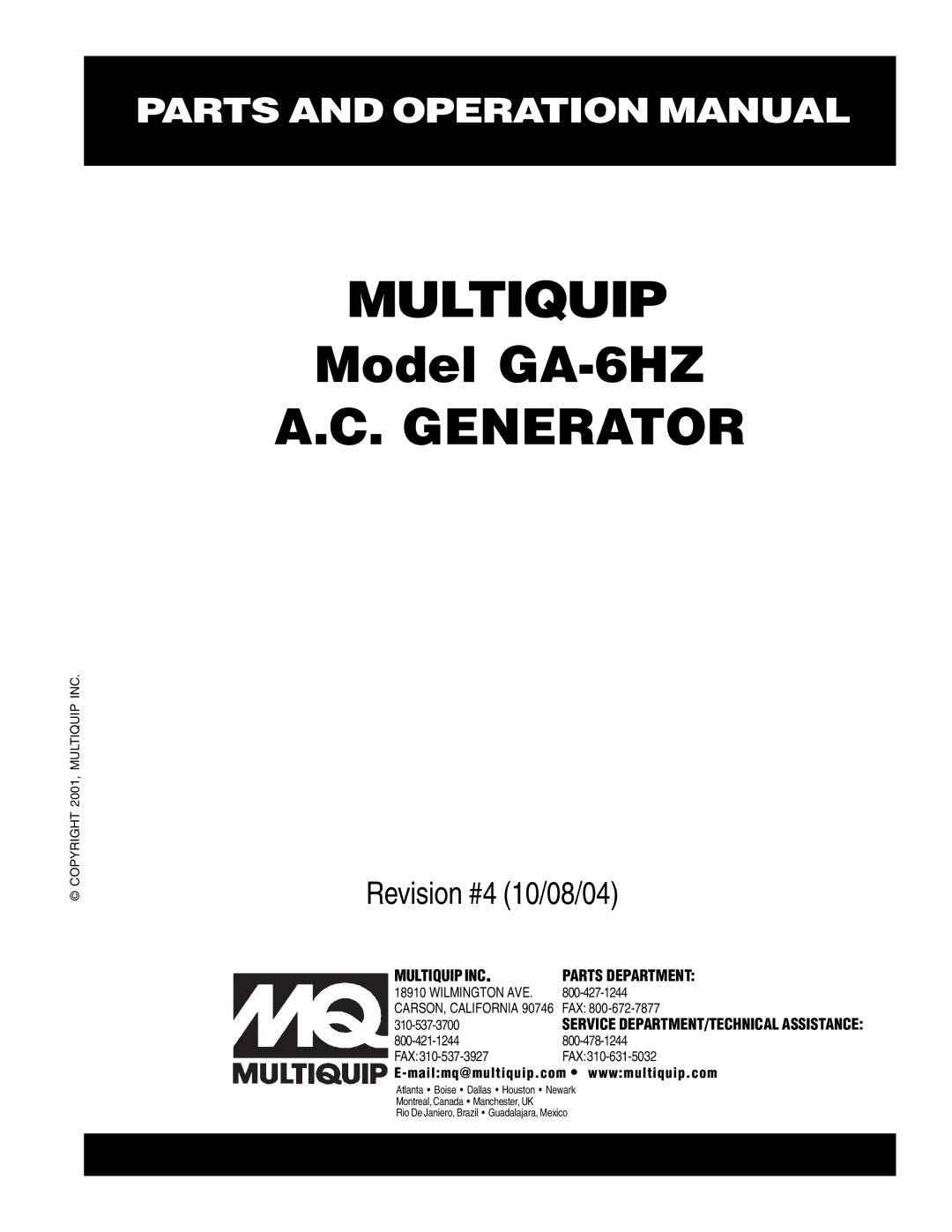 Multiquip GA-6HZ operation manual Multiquip 