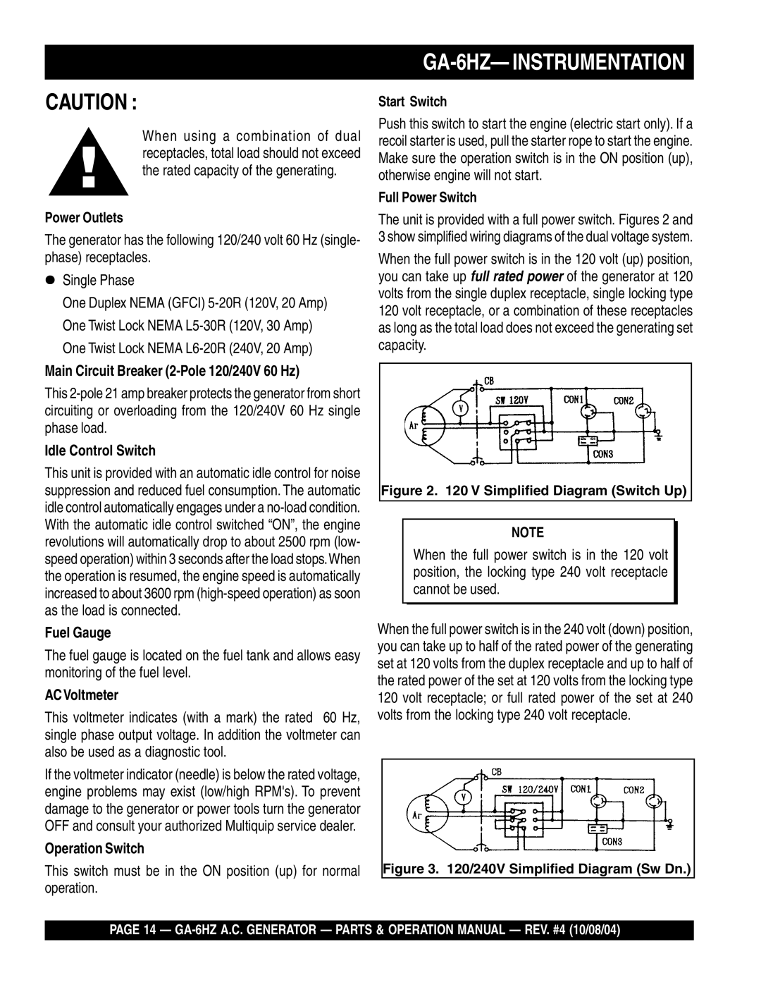 Multiquip operation manual GA-6HZ- Instrumentation, Power Outlets, Start Switch, Full Power Switch 