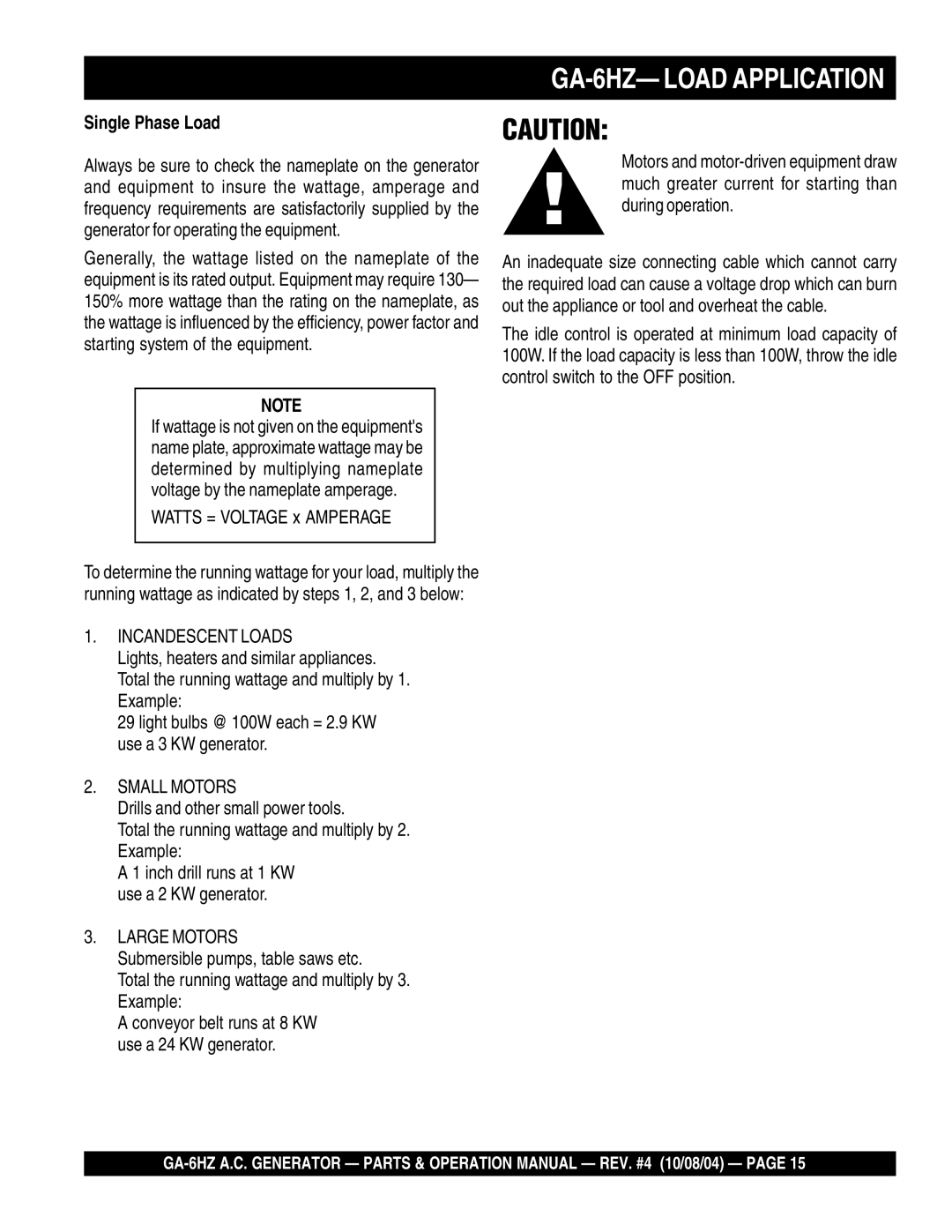 Multiquip operation manual GA-6HZ- Load Application 