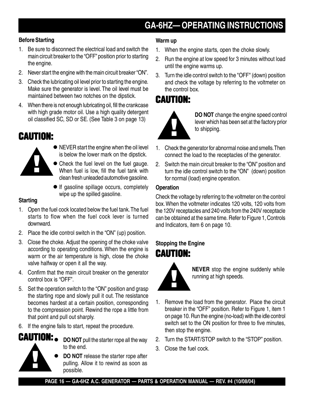 Multiquip operation manual GA-6HZ- Operating Instructions 