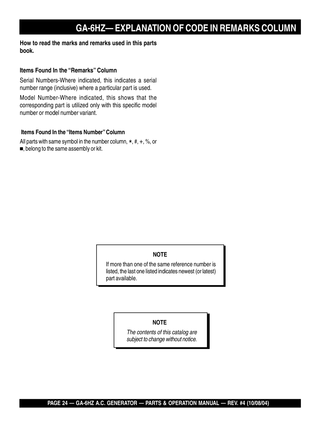 Multiquip operation manual GA-6HZ- Explanation of Code in Remarks Column, Items Found In the Items Number Column 