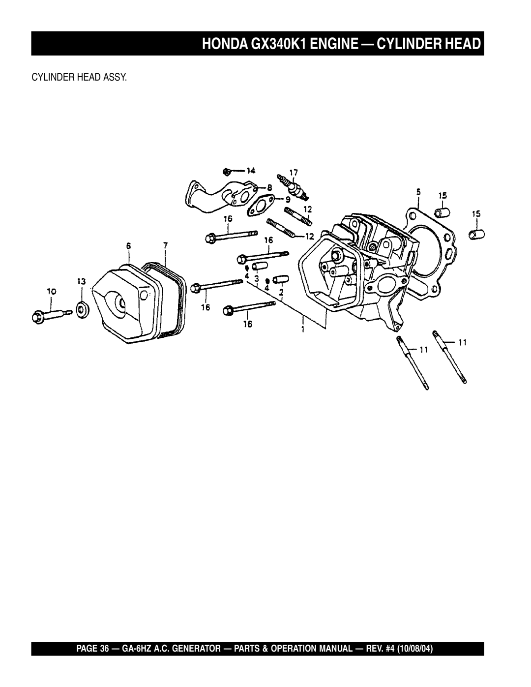 Multiquip GA-6HZ operation manual Honda GX340K1 Engine Cylinder Head 