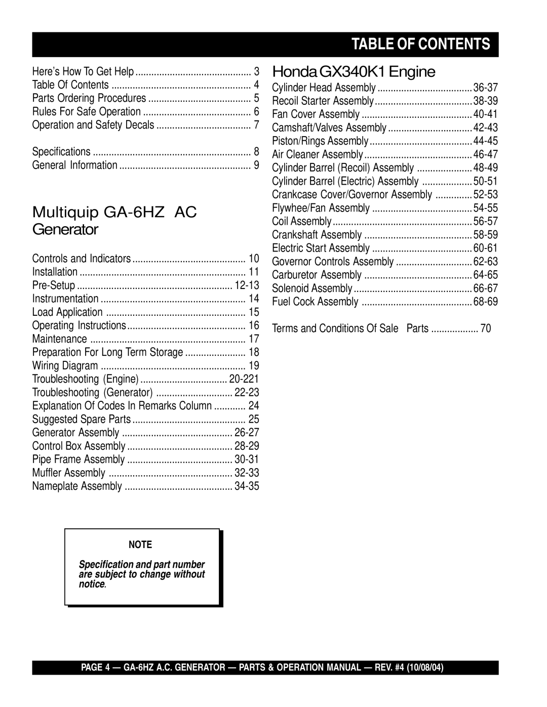 Multiquip GA-6HZ operation manual Table of Contents 