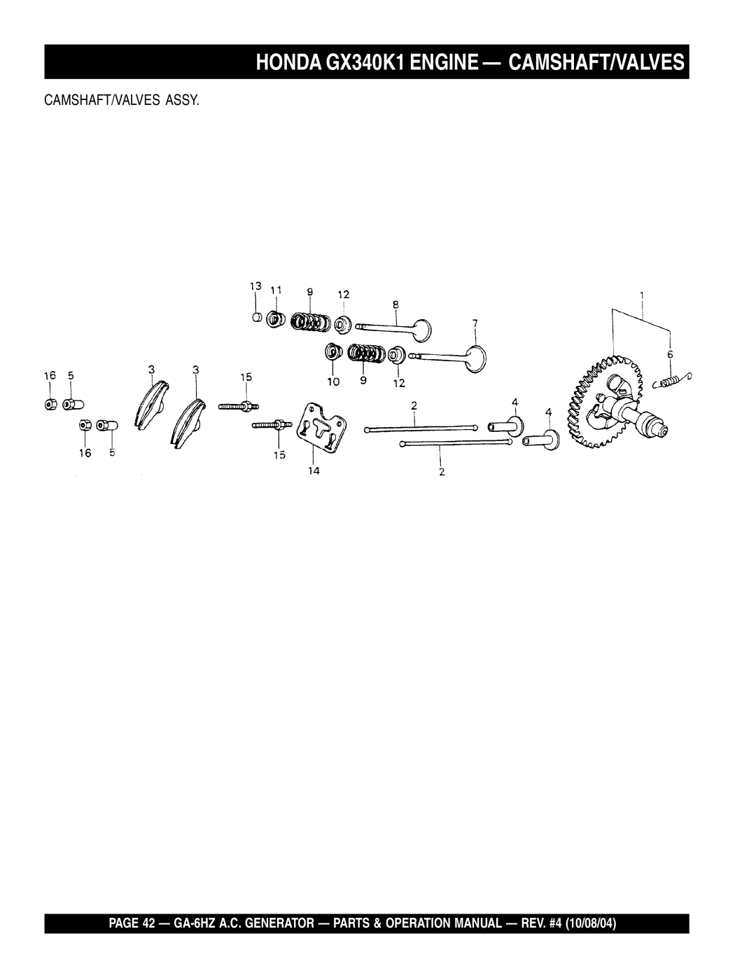 Multiquip GA-6HZ operation manual Honda GX340K1 Engine CAMSHAFT/VALVES 