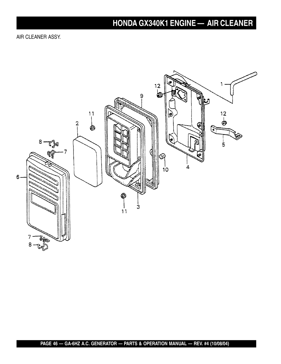 Multiquip GA-6HZ operation manual Honda GX340K1 Engine AIR Cleaner 