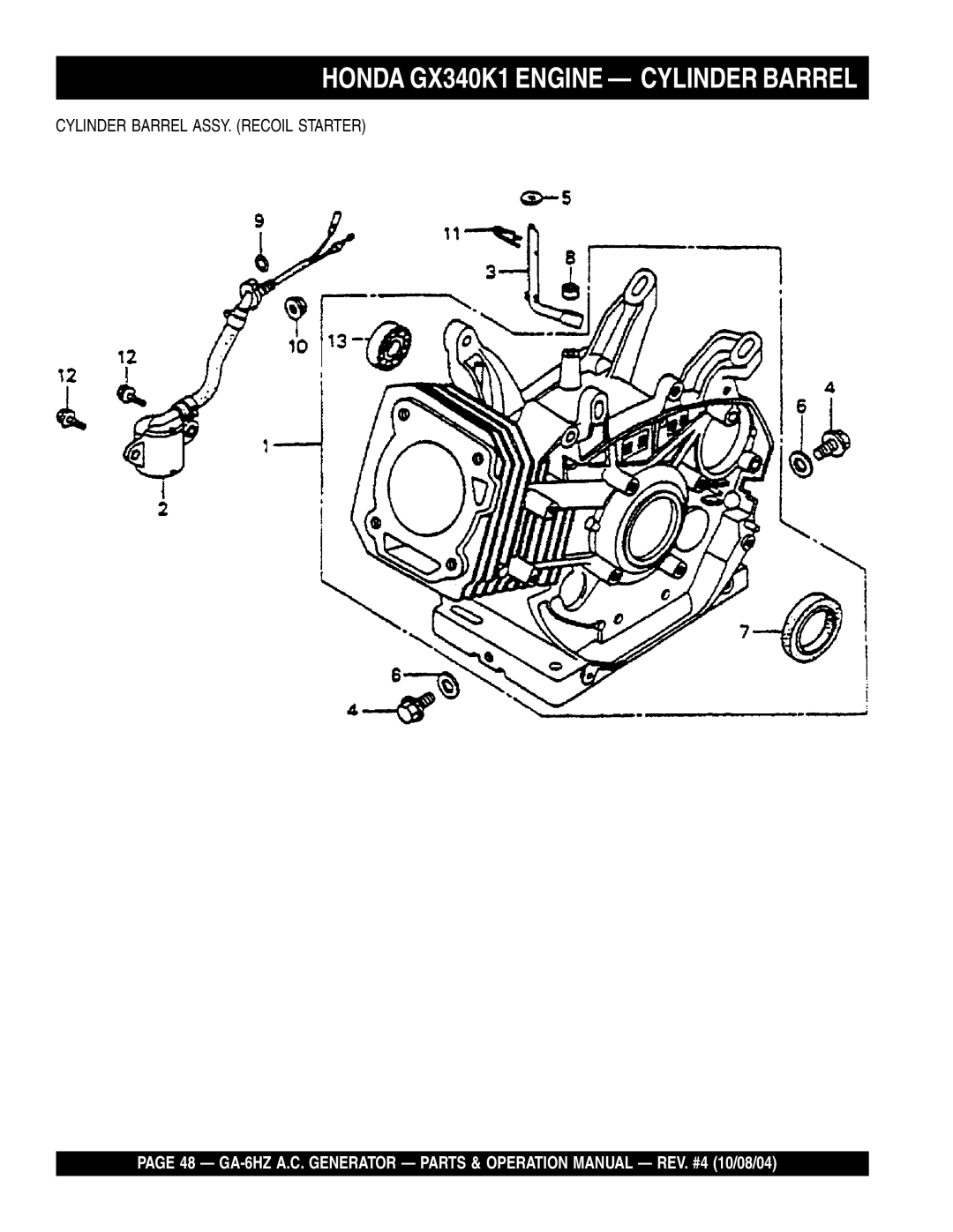 Multiquip GA-6HZ operation manual Honda GX340K1 Engine Cylinder Barrel 