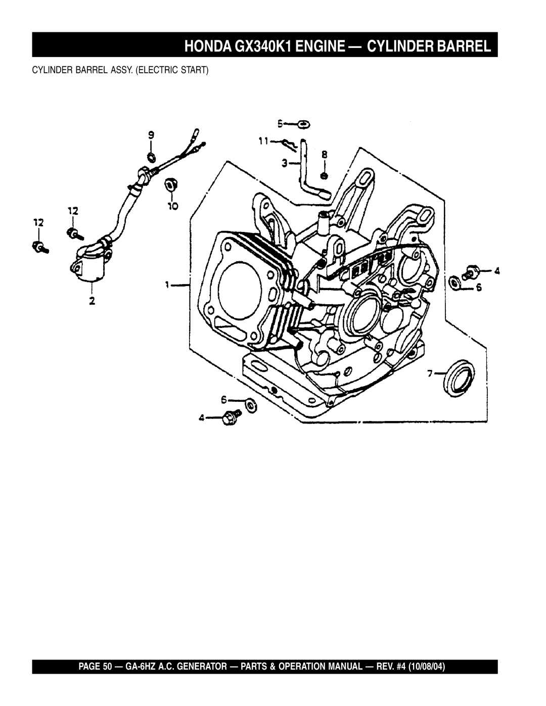 Multiquip GA-6HZ operation manual Cylinder Barrel ASSY. Electric Start 