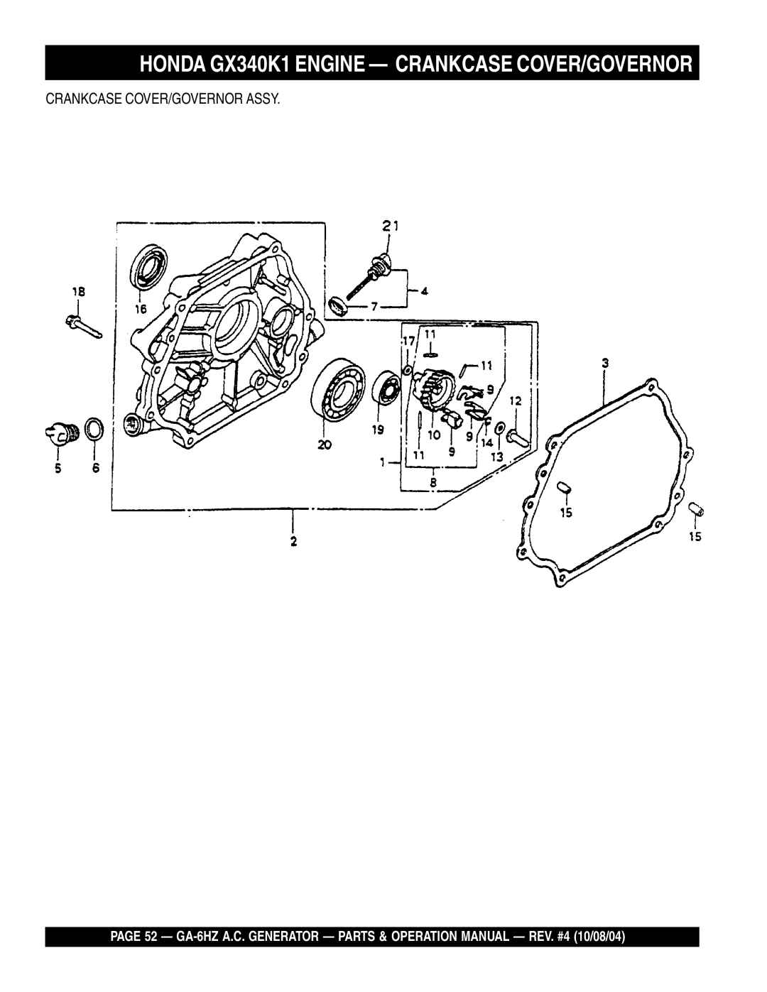 Multiquip GA-6HZ operation manual Honda GX340K1 Engine Crankcase COVER/GOVERNOR 