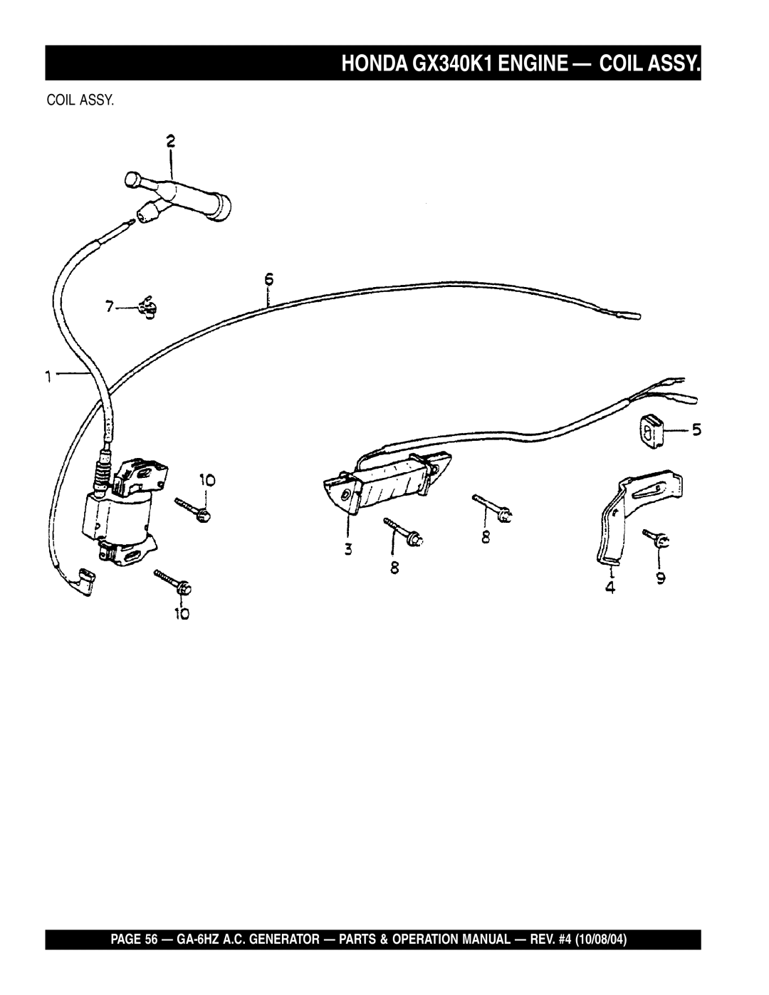 Multiquip GA-6HZ operation manual Honda GX340K1 Engine Coil Assy 