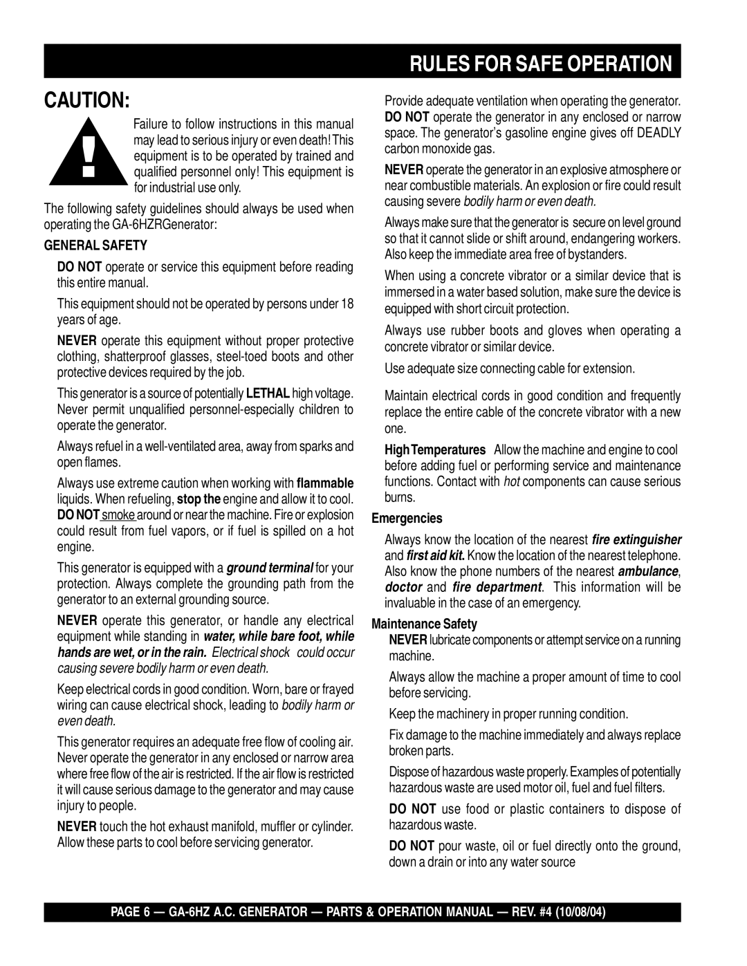 Multiquip GA-6HZ operation manual Rules for Safe Operation, Emergencies, Maintenance Safety 