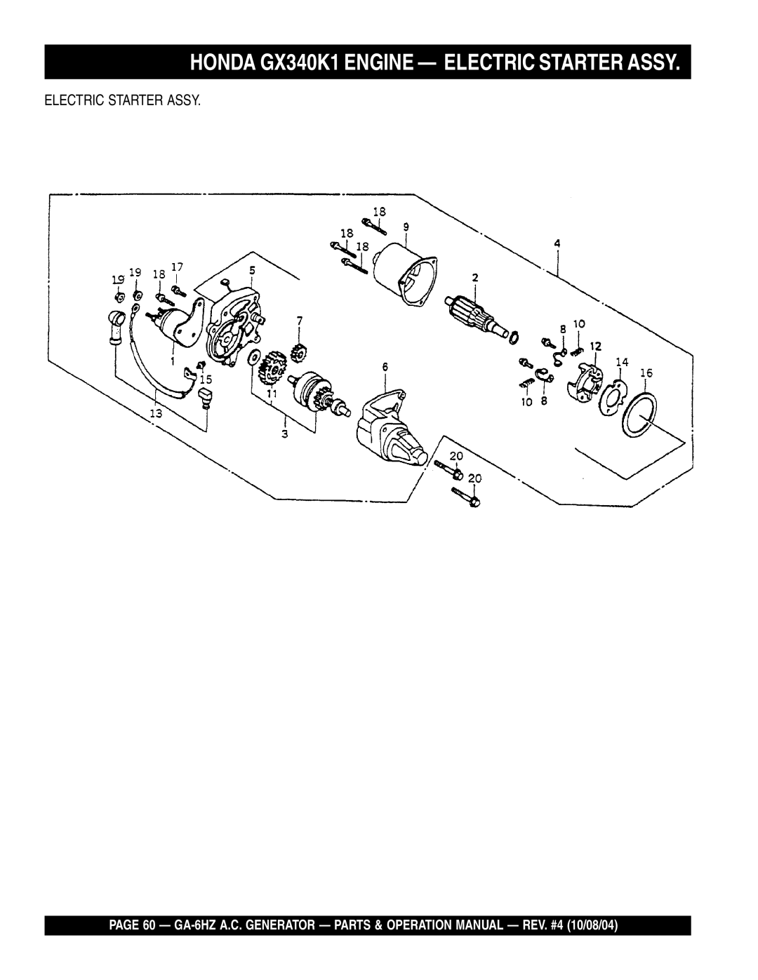 Multiquip GA-6HZ operation manual Honda GX340K1 Engine Electric Starter Assy 