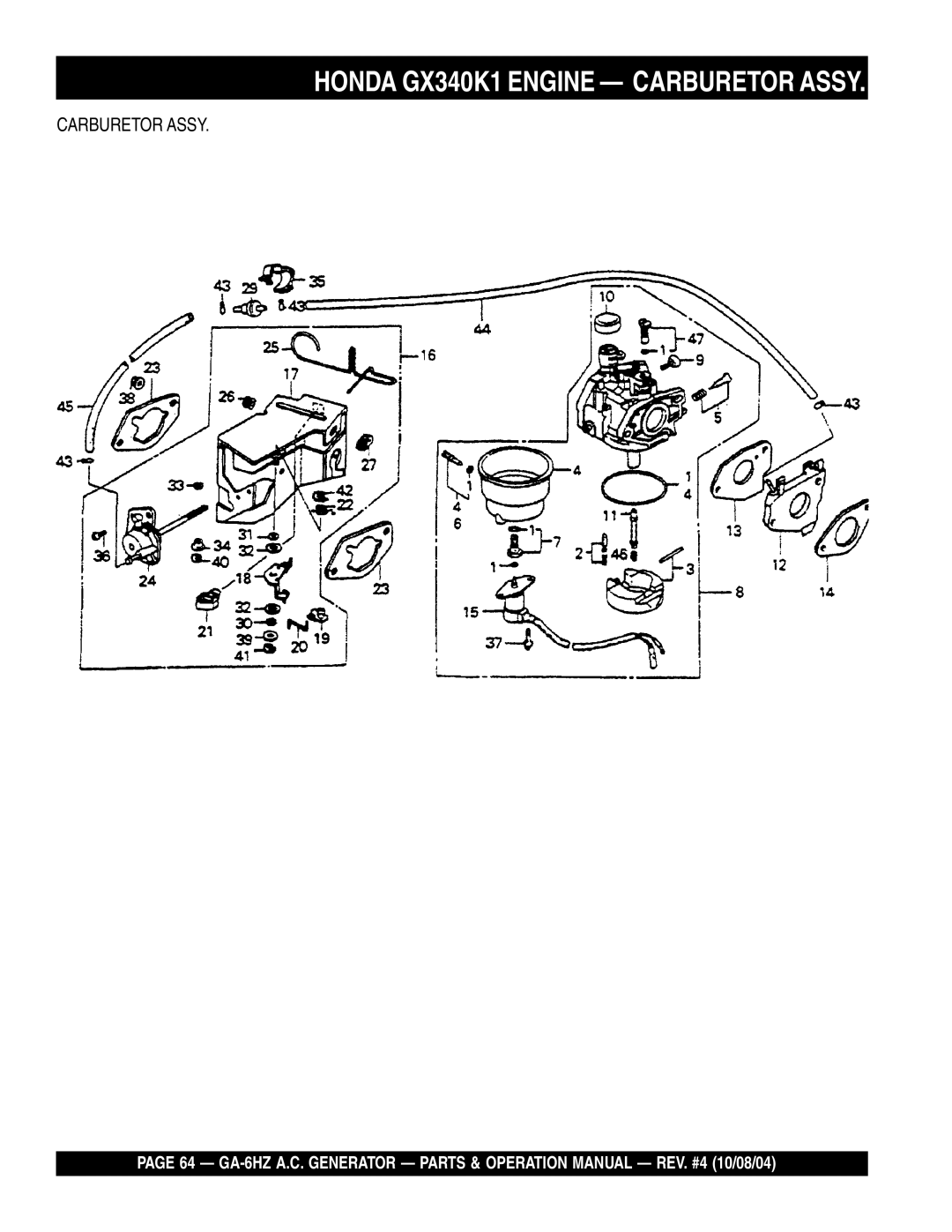 Multiquip GA-6HZ operation manual Honda GX340K1 Engine Carburetor Assy 