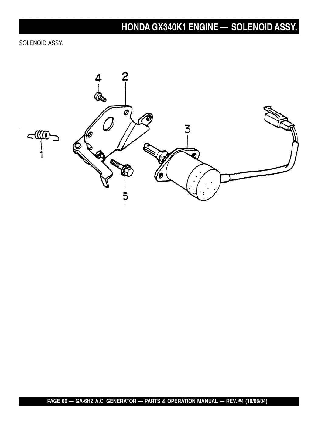 Multiquip GA-6HZ operation manual Honda GX340K1 Engine Solenoid Assy 